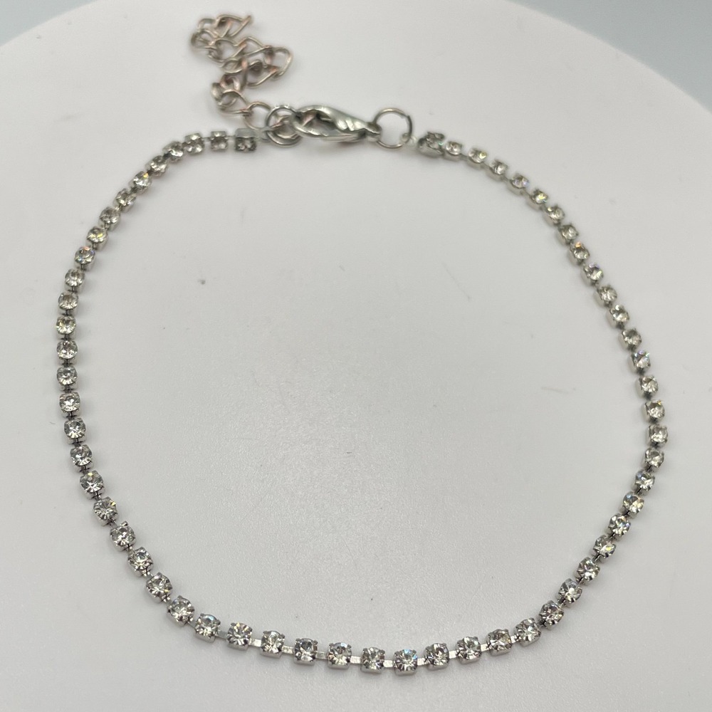 Vintage Y2K Silver Tone Clear Rhinestone Tennis Bracelet Anklet Classic Fashion